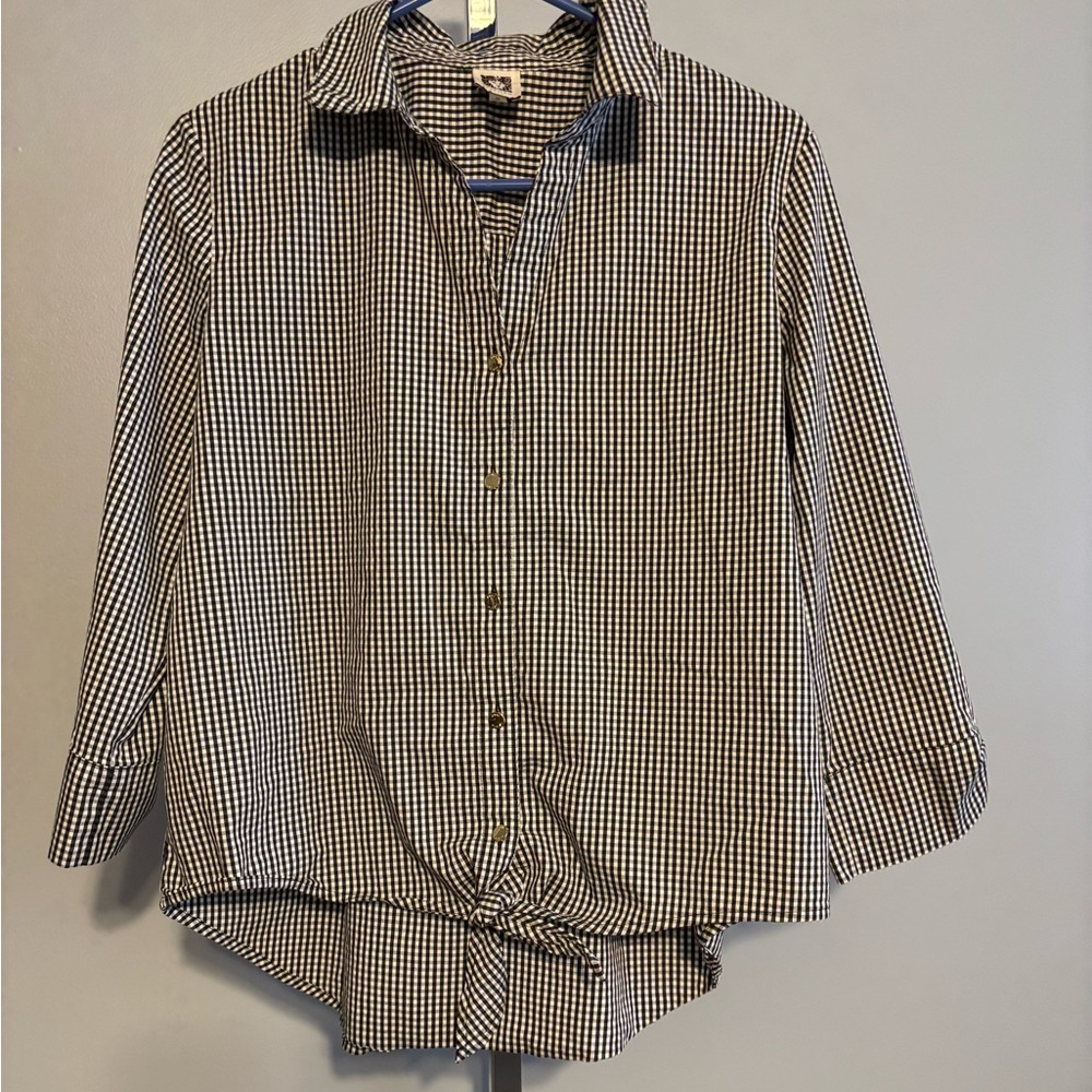 Ann Klein Black And White Gingham Blouse Tie Front‎ 3/4 Sleeve Med